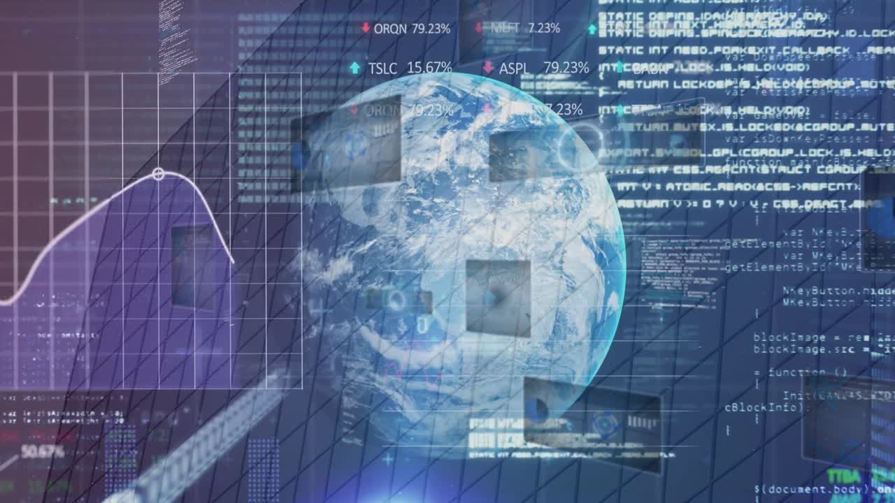Animation of financial data processing over globe
