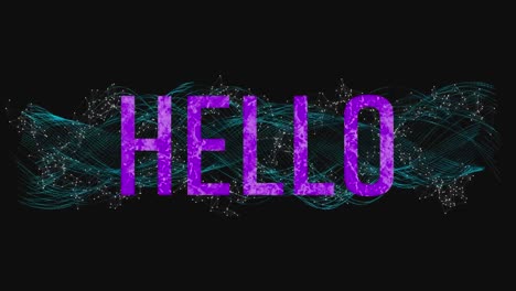 Animation-of-hello-text-in-purple-letters-over-green-glowing-dna-strand