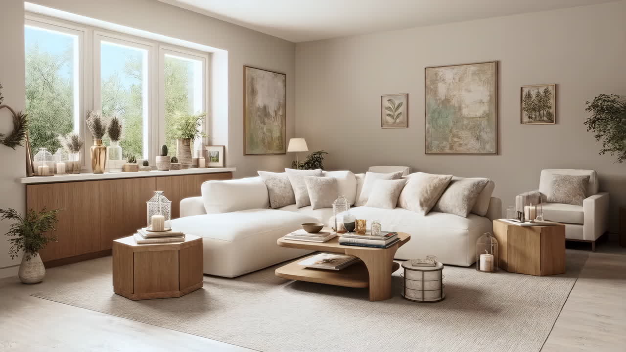 A bright and modern living room with a large white sectional sofa and natural decor