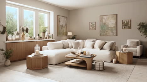 a bright and modern living room with a large white sectional sofa and natural decor