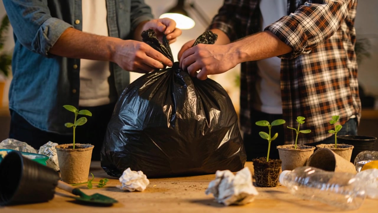 Post-potting, two adults twisting black trash bag at home, finishing cleanup in denim and plaid