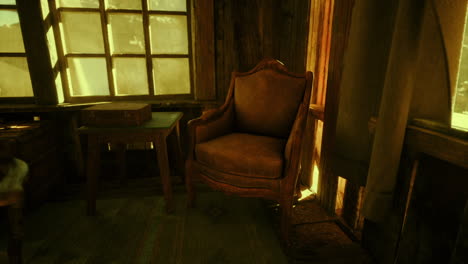 a worn, wooden armchair sits in a rustic room with a wooden table and a window.