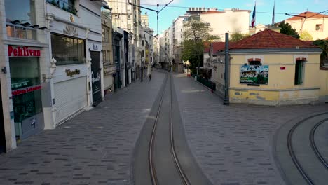 aerial view i̇stiklal avenue, taksim beyoglu, with drone from istanbul no people, covid-19 pandemic curfew istiklal street.