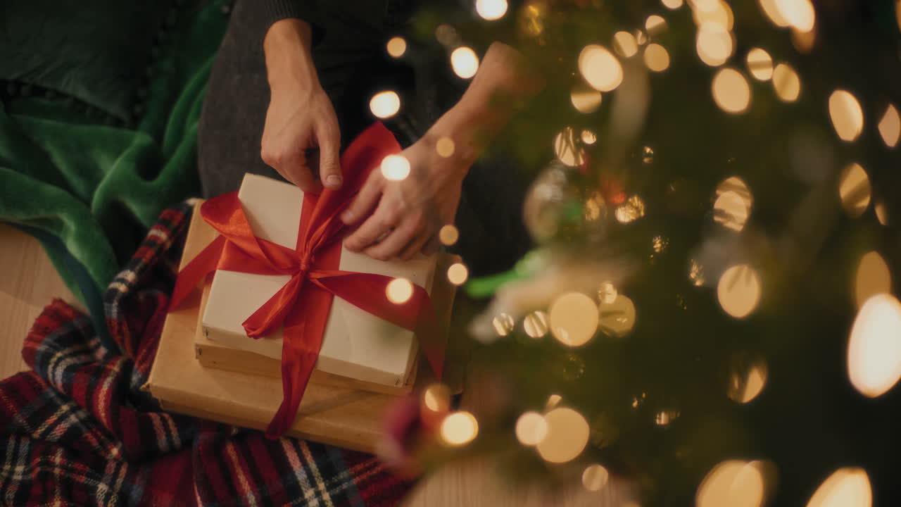 sección media de un hombre atando una cinta en cajas de regalos en casa