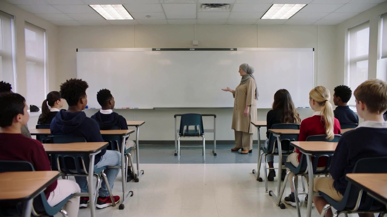Professora de hijab e casaco gesticulando no início da aula, apresentando o tópico com um quadro branco, carteira vazia.