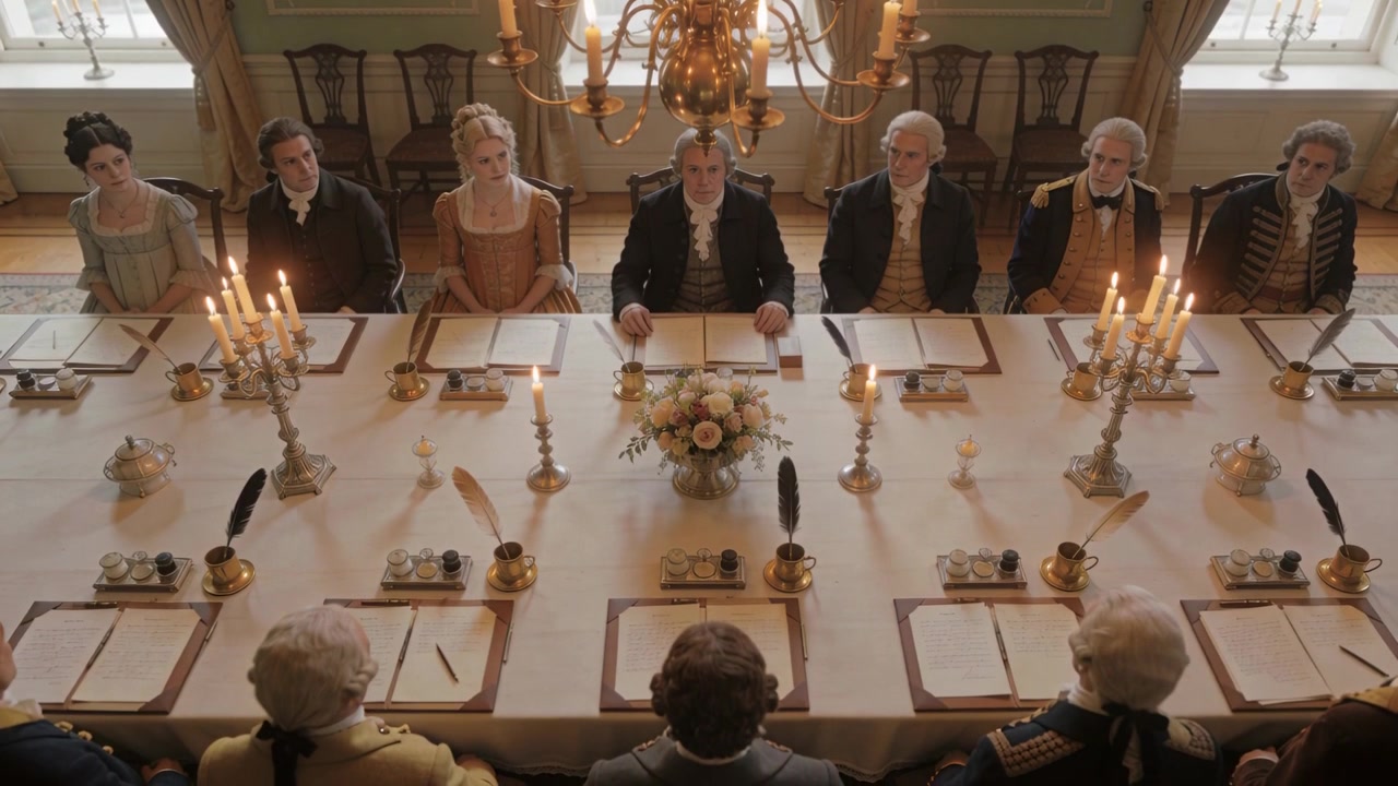Reunião começando, delegação sentada em trajes de época ajustando a postura à mesa com canetas de pena.