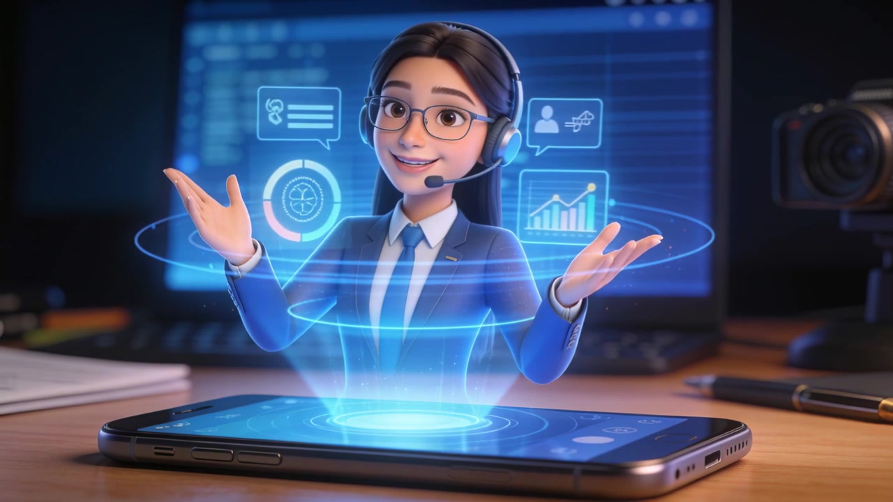 Projetando do telefone, assistente de blazer guiando o usuário com gestos, revelando ícones de UI na mesa.