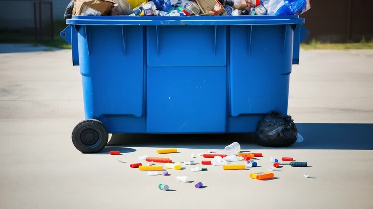 Large blue dumpster overflowing with various types of plastic waste, highlighting the issue of excessive plastic consumption and its environmental impact