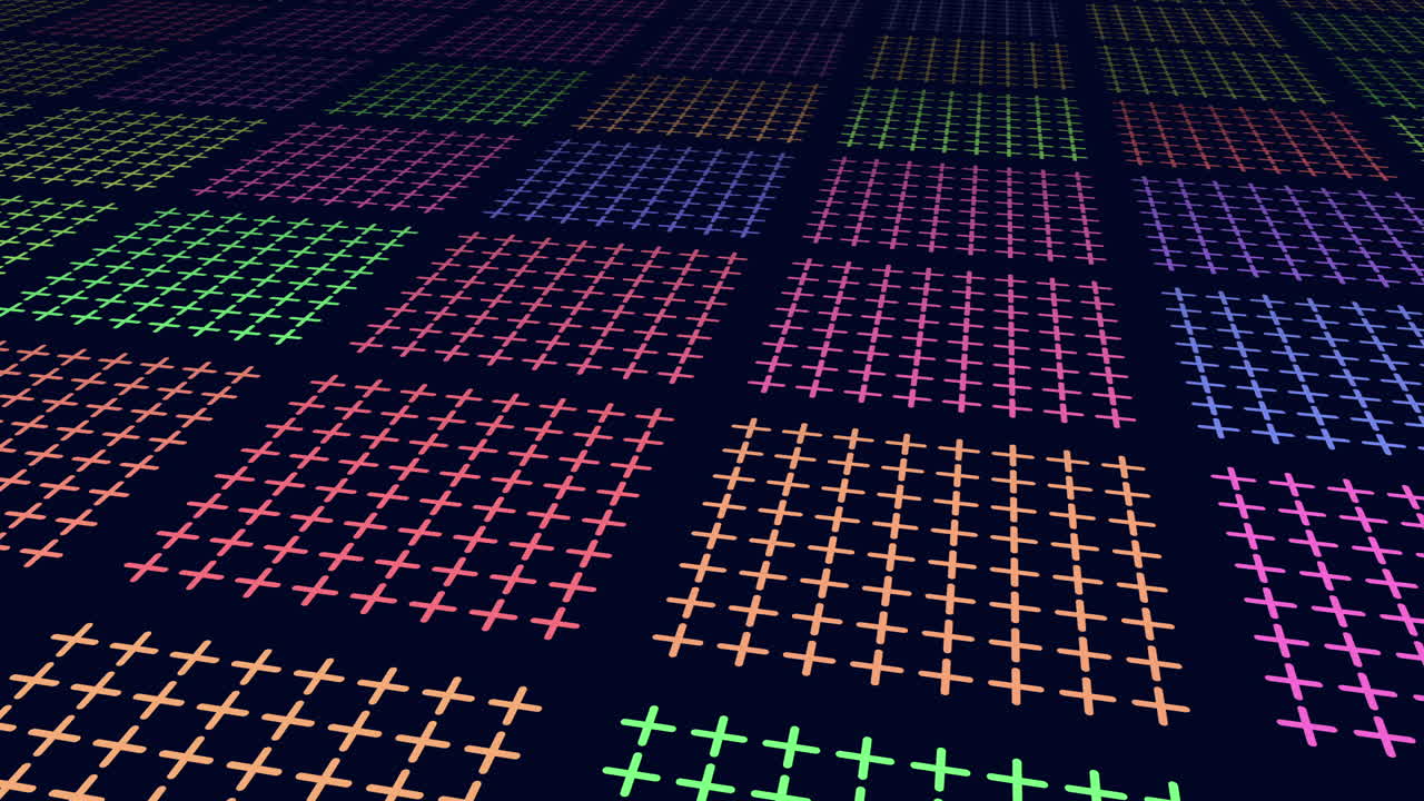 Colorful plus sign grid pattern on dark background, abstract tech motion footage