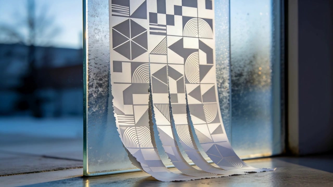 Curling printed paper strip leaning against glass on tiled sill, sunlight drying four torn tongues