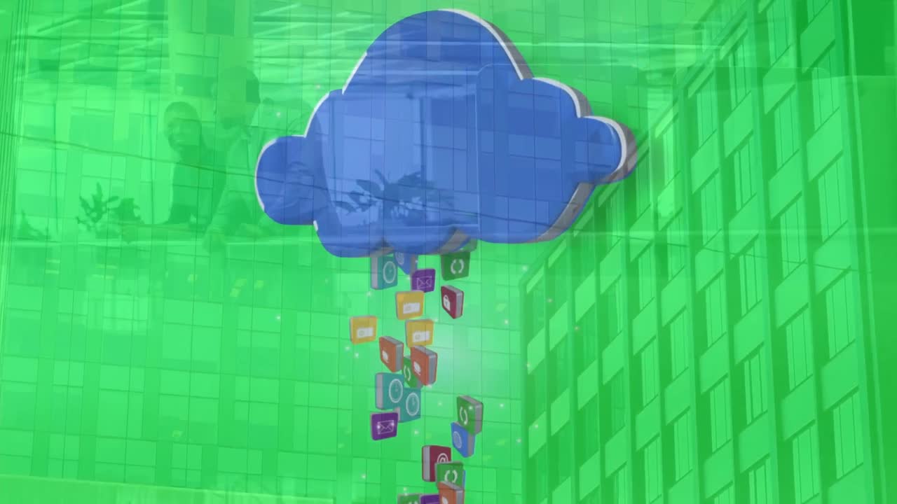 animación de procesamiento de datos e iconos de medios sobre el paisaje urbano