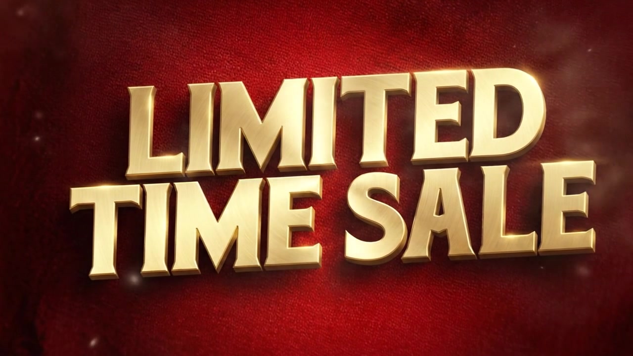 Animazione di un banner di testo promozionale "Saldi a tempo limitato" con tipografia 3D vibrante