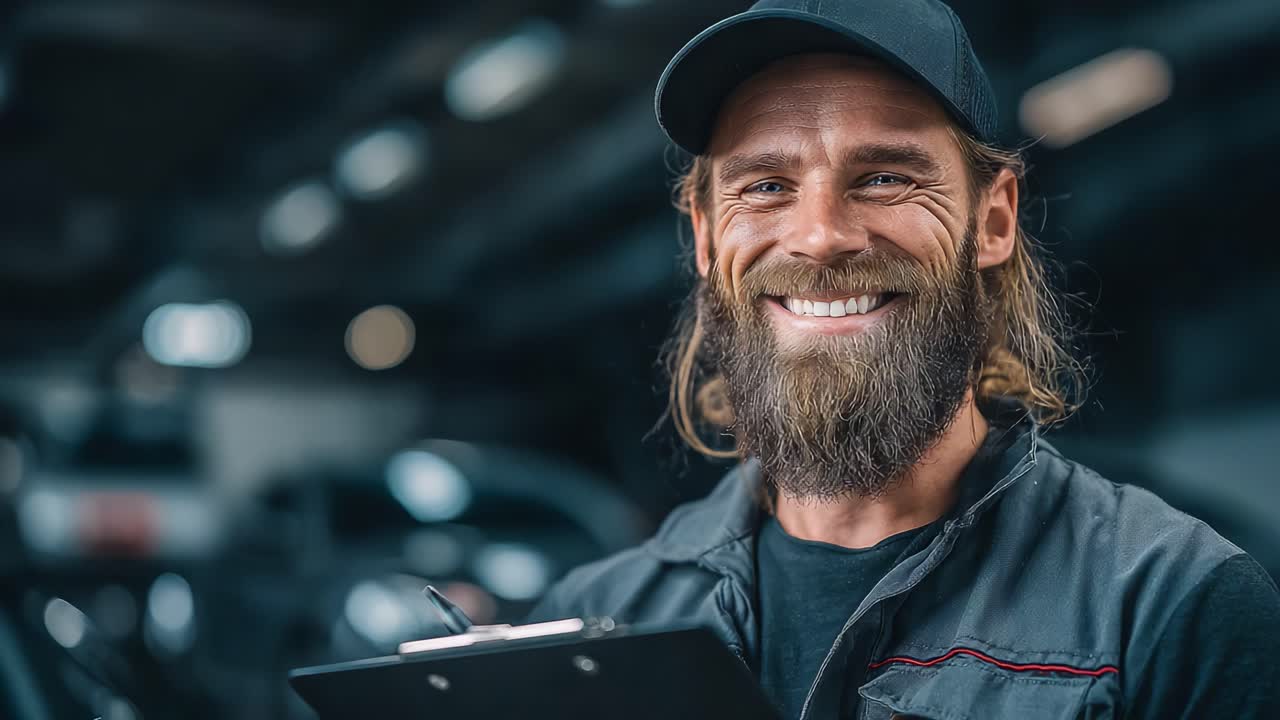 Enthusiastic mechanic smiles while reviewing a checklist, showcasing a positive attitude and dedication to his craft in an automotive workshop setting