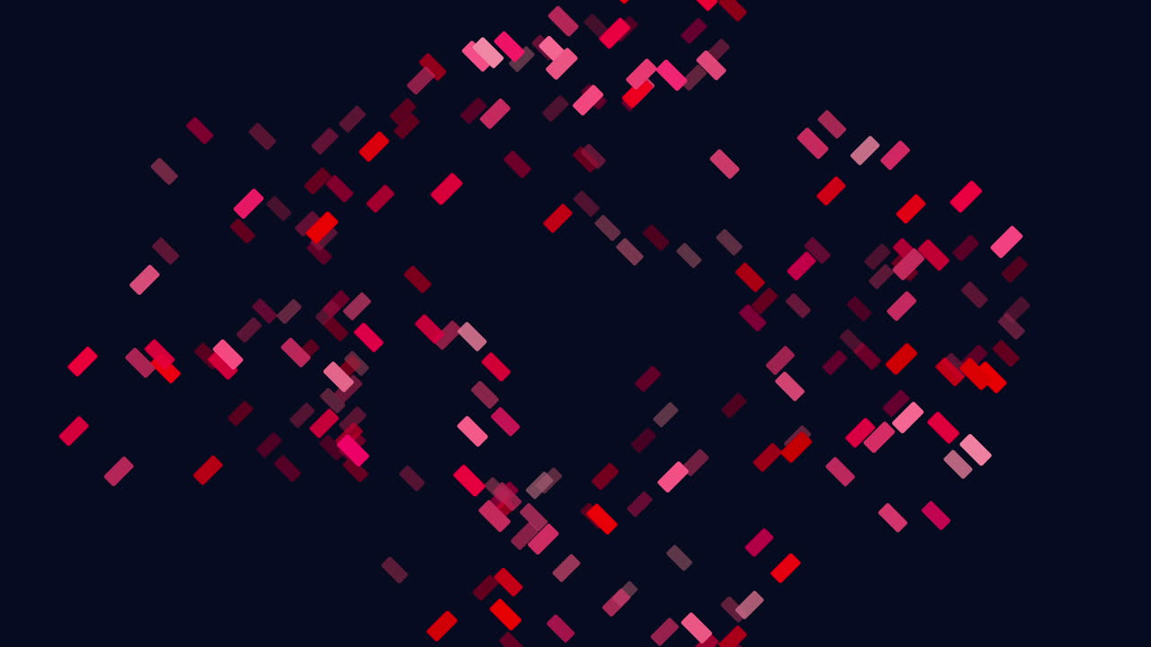Animated red and pink rectangular particles drift across a dark navy background, forming a dynamic abstract tech backdrop for data, network, and cyber themes