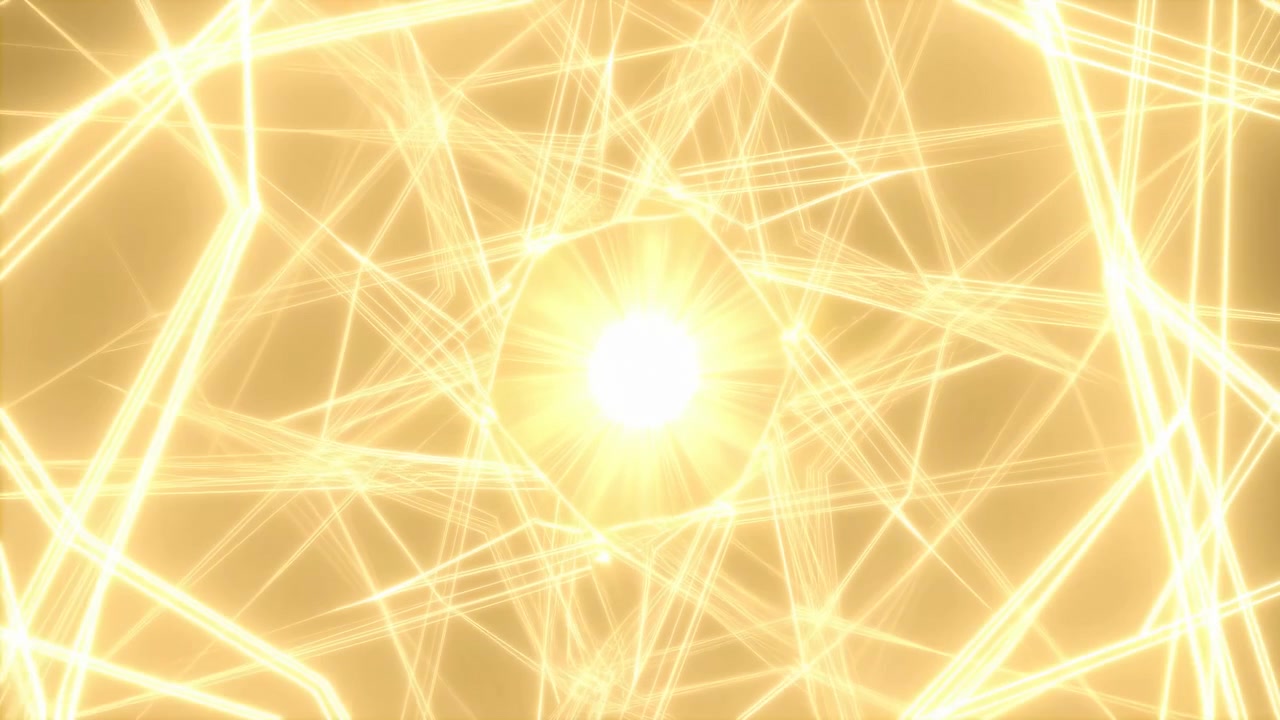 Thin radiant lines continuously reconfigure into angular webs around a white-gold center, while overlapping polygon shapes create depth, symmetry, and intense luminous contrast.