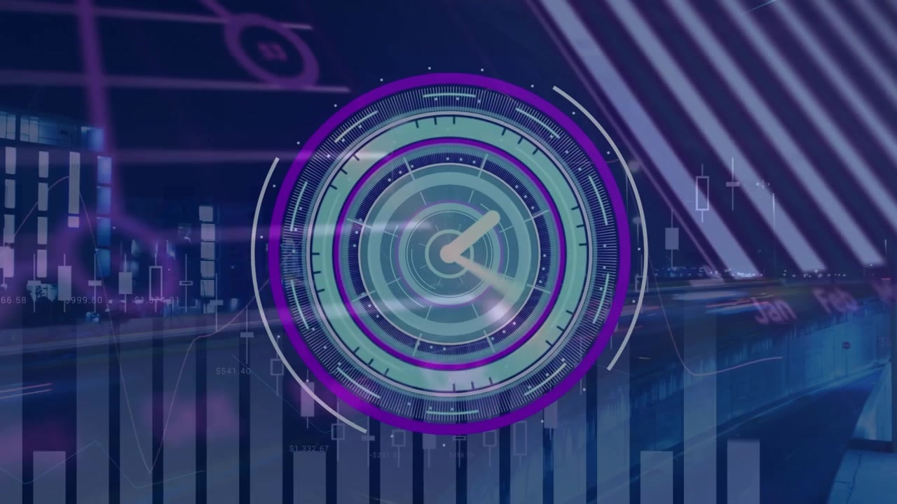 Digital Clock Overlay with Financial Data Graphs and City Traffic Background