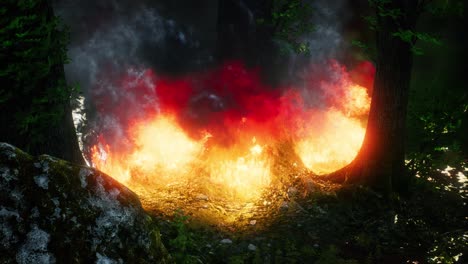 wind blowing on a flaming trees during a forest fire