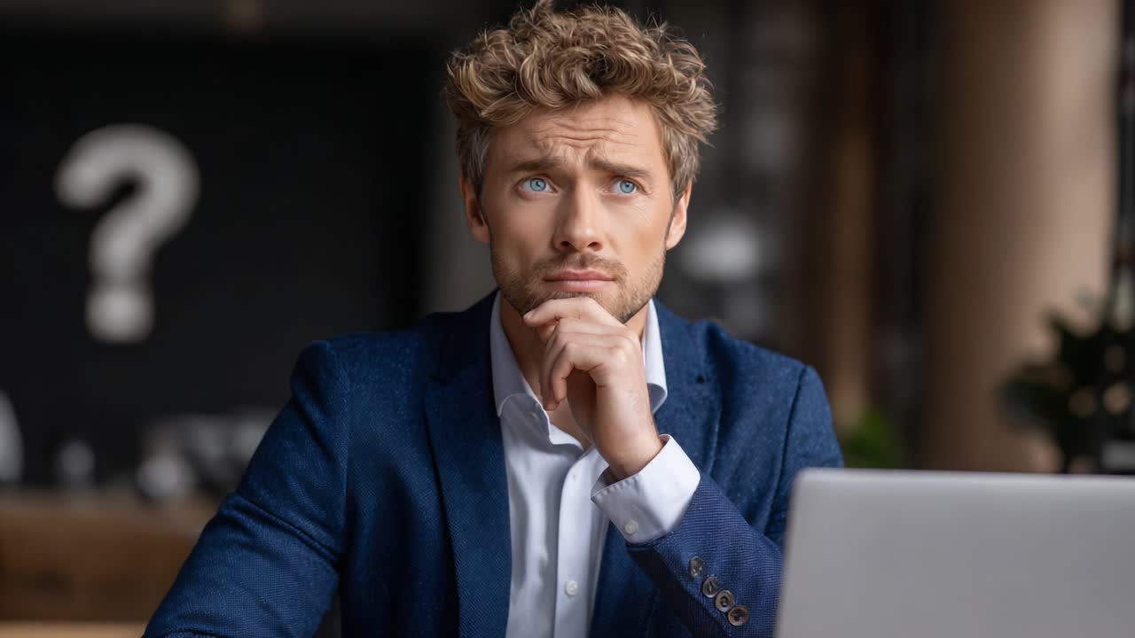 A Thoughtful Young Man in a Suit Contemplates His Next Move While Staring at His Laptop in a Modern Office Environment with a Mysterious Background