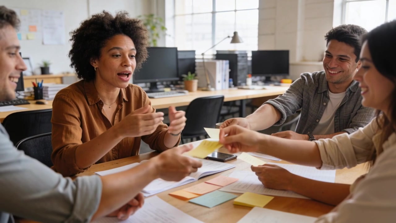 Starting talk, woman in brown shirt leading meeting at office for planning, exchanging sticky notes