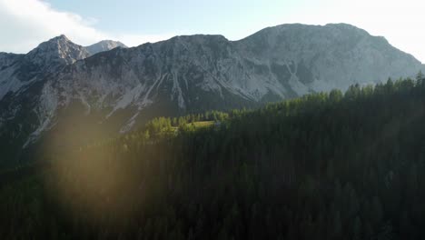 wooded mountainside with a cabin at golden hour