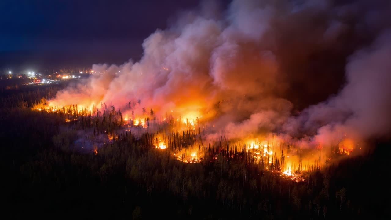 Aerial Perspective of a Devastating Wildfire at Night, Showcasing Spreading Flames and Thick Smoke Over Forested Area, Highlighting Environmental Crisis and Urgency for Action