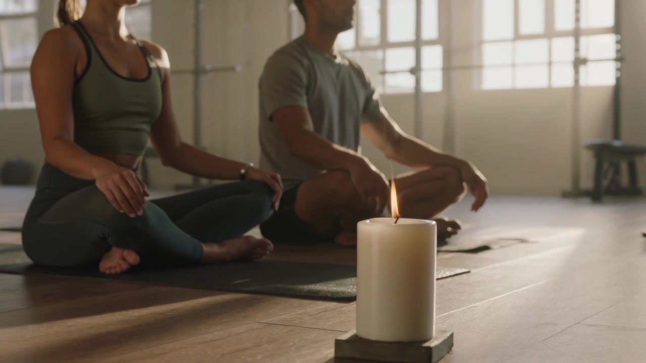 Una candela a colonna accesa guida una coppia in abbigliamento sportivo da yoga che medita in studio, concentrandosi sulla fiamma.