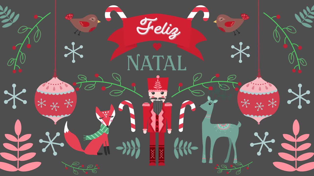 animación de felig palabras natales con animales en el fondo de decoraciones navideñas