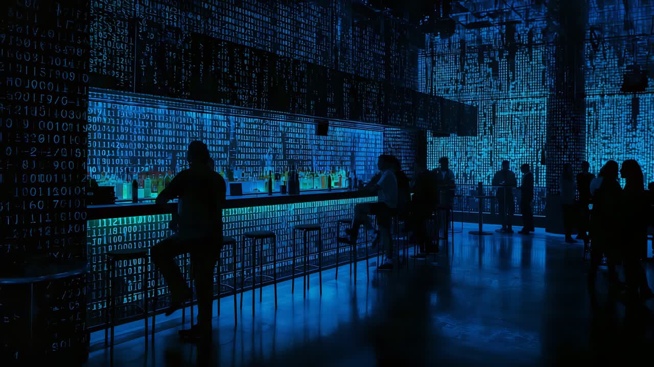 After rising, patron walking toward pillar joining groups at illuminated bar with digits projection
