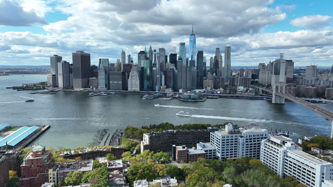 Lower Manhattan Skyline Across The East River In New York City, United States. Aerial Drone Shot