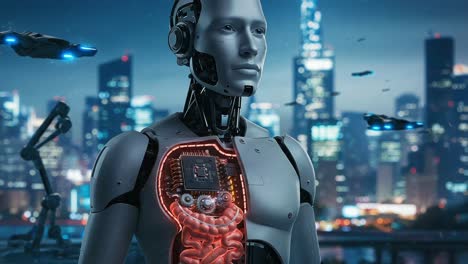 futuristic robot displaying advanced technology with visible circuitry and biomechanics in a dystopian cityscape backdrop