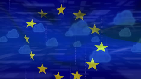 european union stars and binary code animation over cloud computing icons