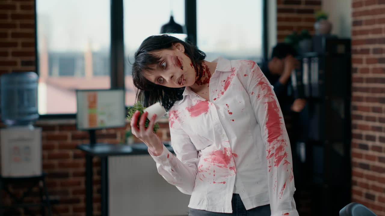 Scary looking zombie woman wandering inside office
