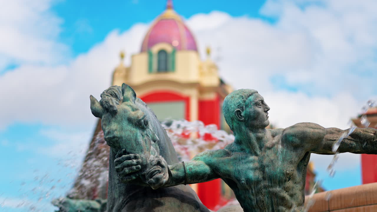 Nice, France - May 12, 2025: Close up of the Sun water fountain in the Massena Square in daylight
