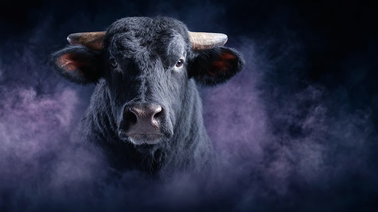 A Majestic Bull Staring Confidently Through a Mysterious Foggy Atmosphere, Highlighting Its Dominant Presence and Strength in a Dramatic Setting