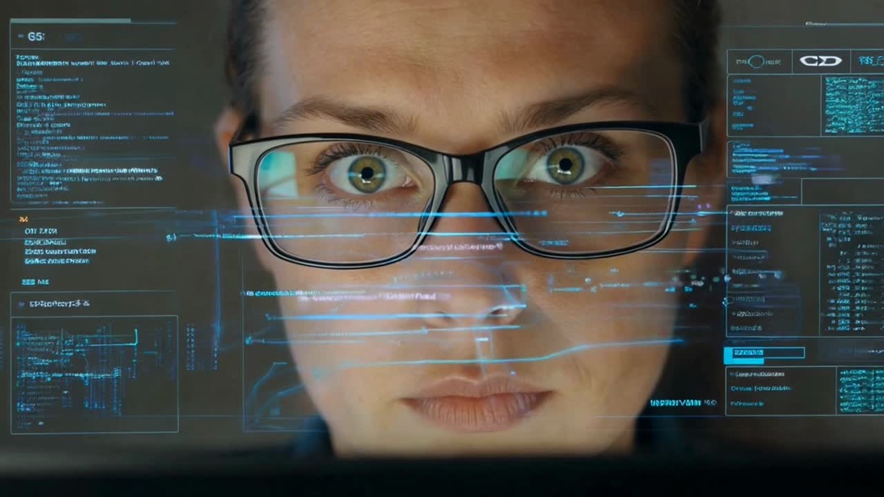 Intense Gaze: Woman's Eyes Reflecting Digital Code