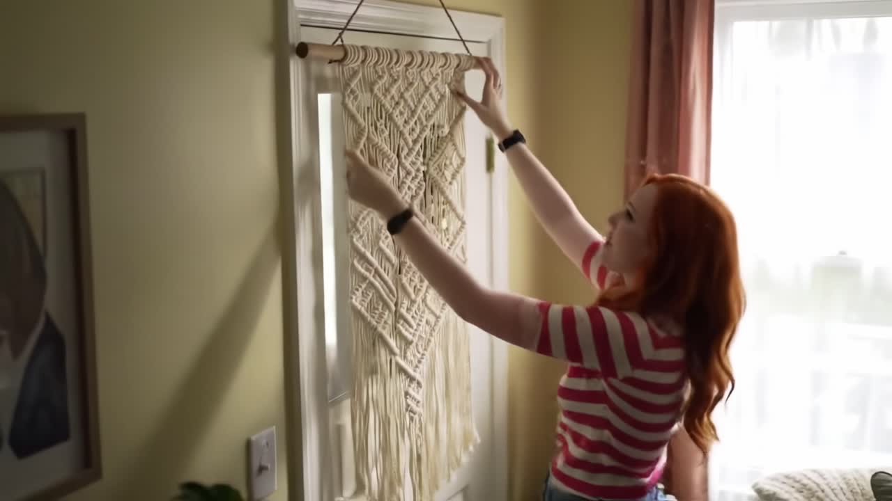 Creative Artistry: A Young Woman Skillfully Installs a Beautiful Macrame Wall Hanging in Her Cozy Living Space, Enhancing the Aesthetic of the Room
