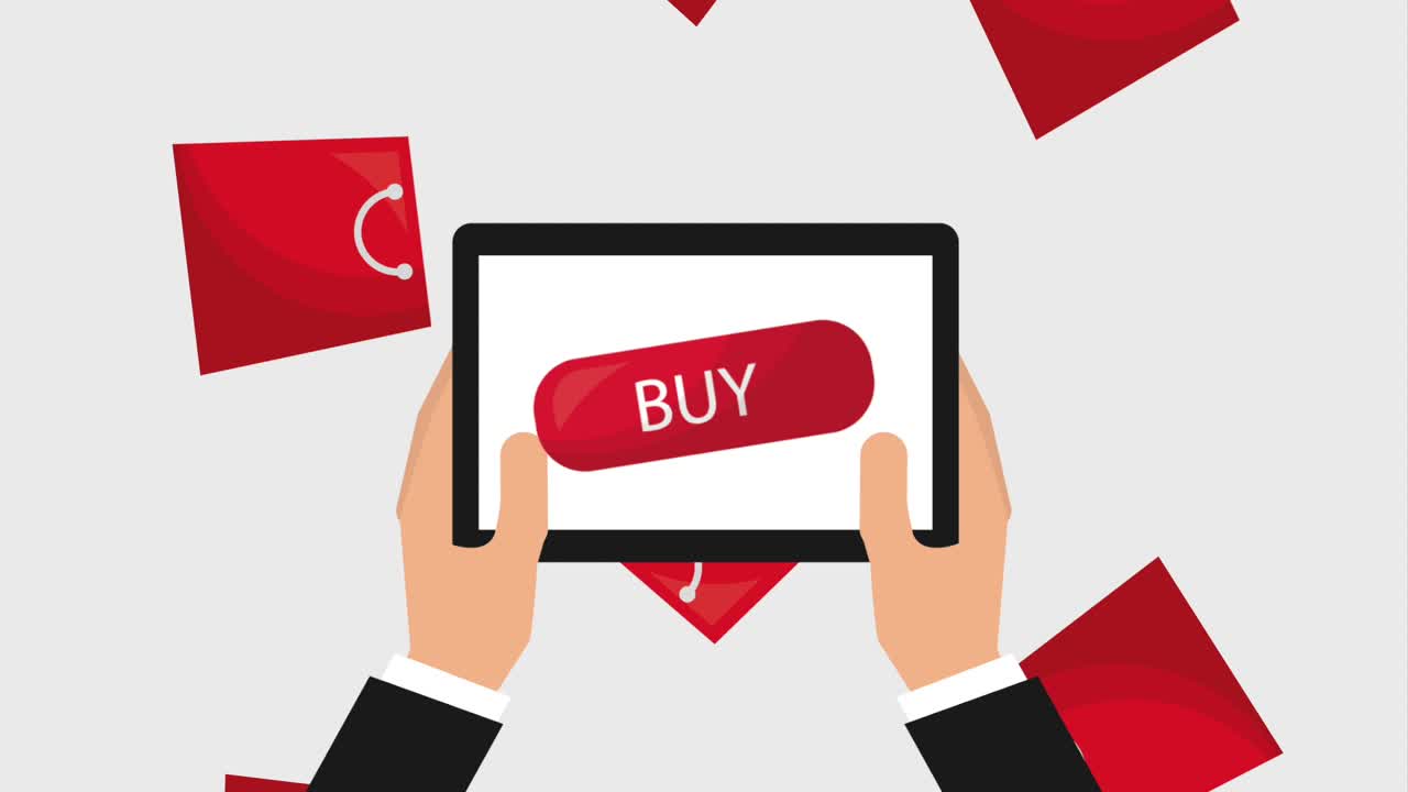 온라인 쇼핑 애니메이션 손과 태블릿 가방 상점