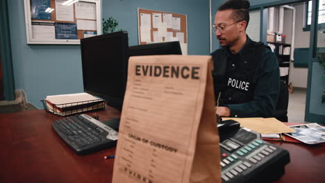 police officer working with evidence in the station