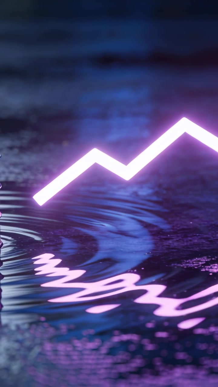 Video verticale: Zigzag al neon luminoso che fluttua sopra una piscina bagnata in studio, entrando da sinistra e creando increspature.