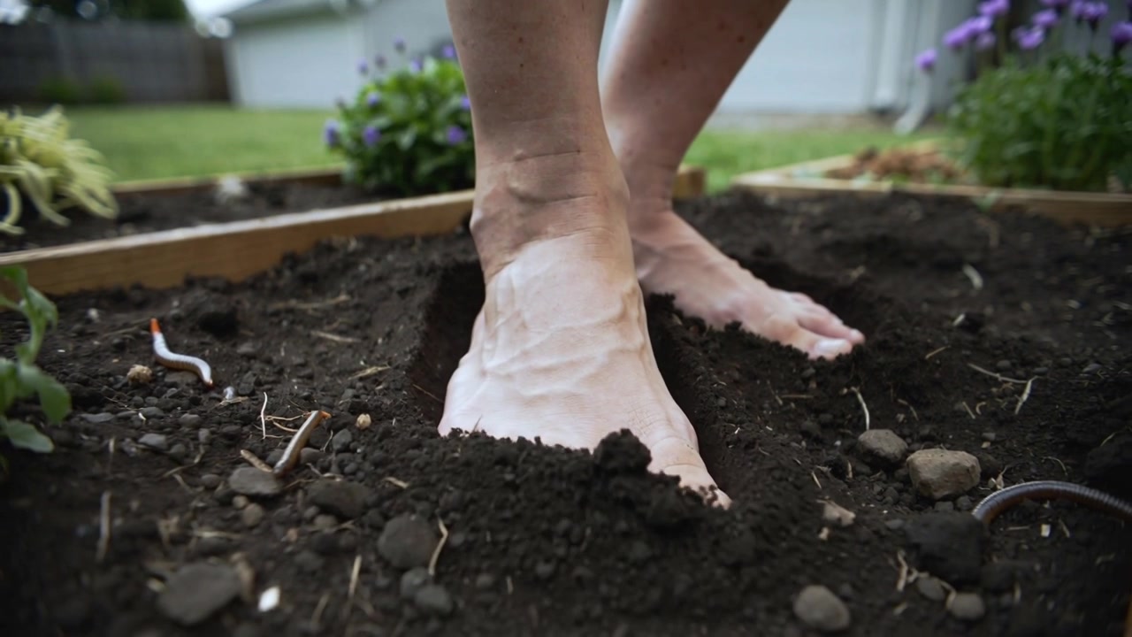 Placing bare feet, gardener pressing and scooping potting soil in raised bed preparing for planting