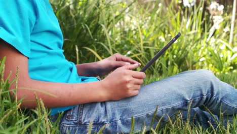 un niño lindo usando un teléfono inteligente sentado en el césped