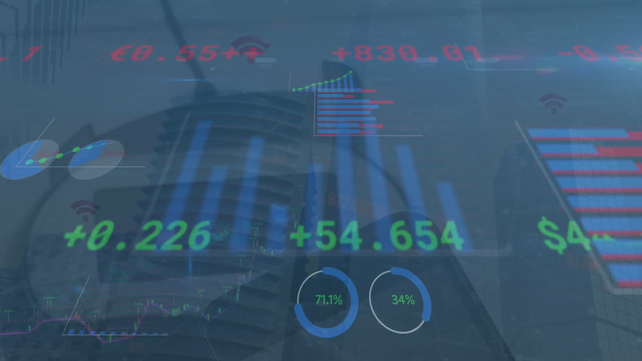animazione dell'elaborazione dei dati finanziari su moderni edifici per uffici