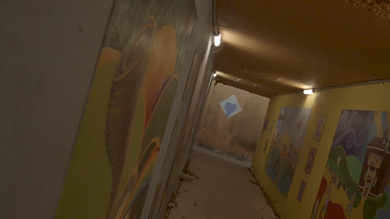 Rack focus of warm yellow tunnel full of art pieces