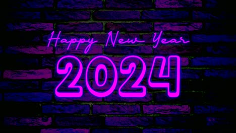 neon purple happy new year 2024 text animation motion graphics on brick wall background