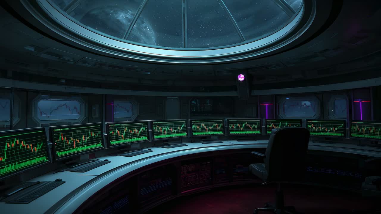 Avvio della console con monitor che aggiornano i grafici sul ponte della stazione spaziale per il monitoraggio, con finestra a cupola