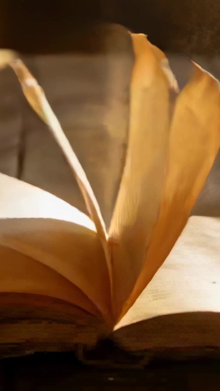 Video verticale: Pagine ingiallite di un vecchio libro rilegato si sollevano su un tavolo di legno, con una corrente d'aria che solleva polvere luminosa.