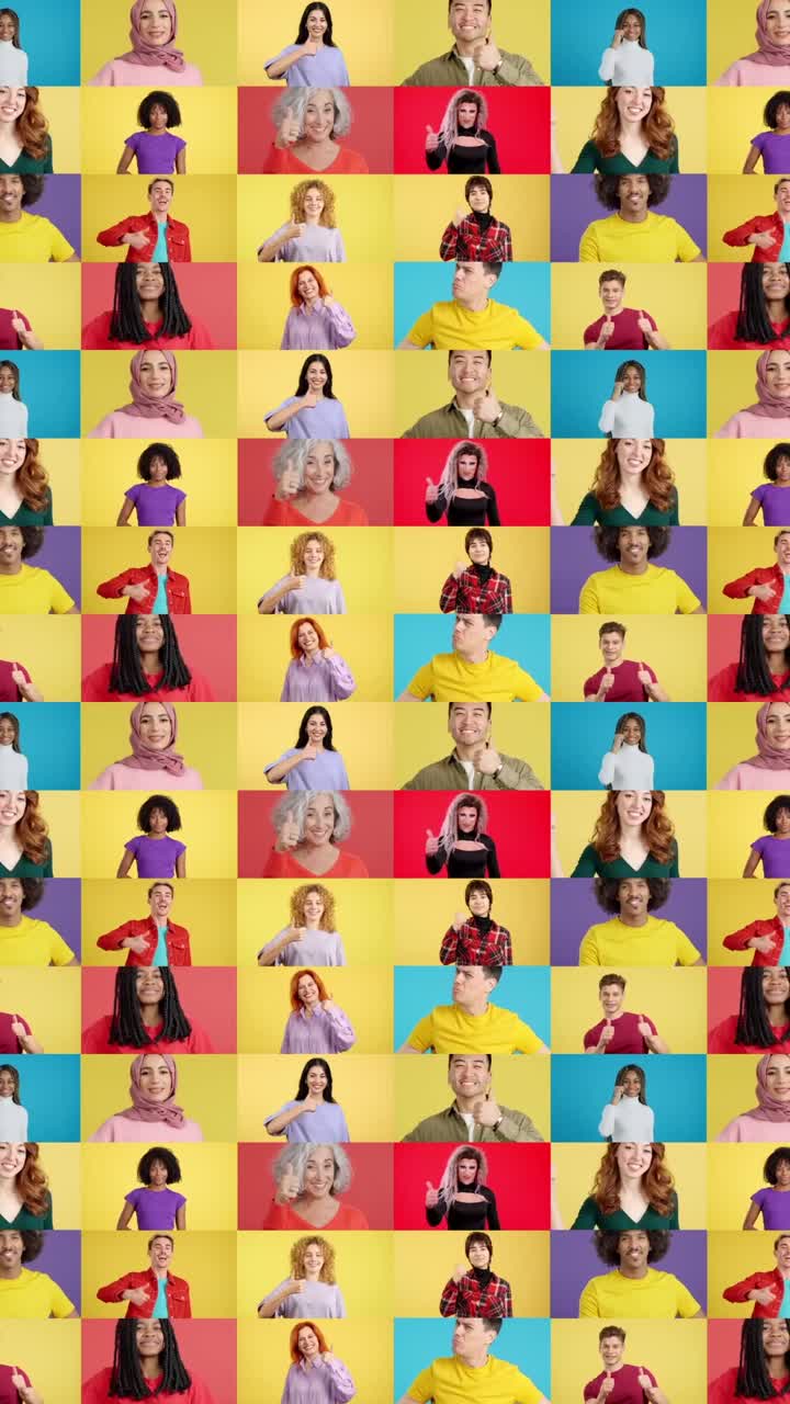 Diverse group of people giving thumbs up on colorful backgrounds