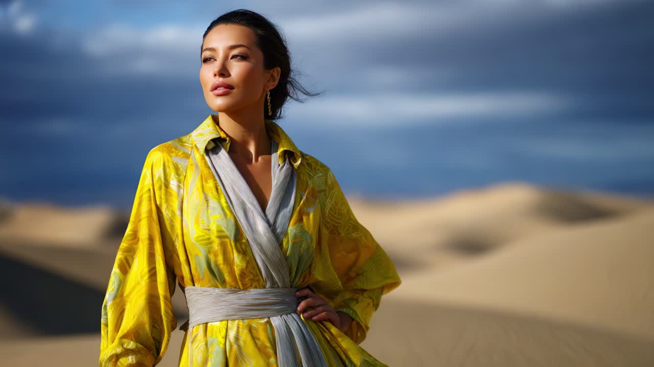 Uno splendido ritratto di moda di una modella in un vivace abito giallo su uno straordinario sfondo desertico sotto un cielo drammatico durante l'ora d'oro