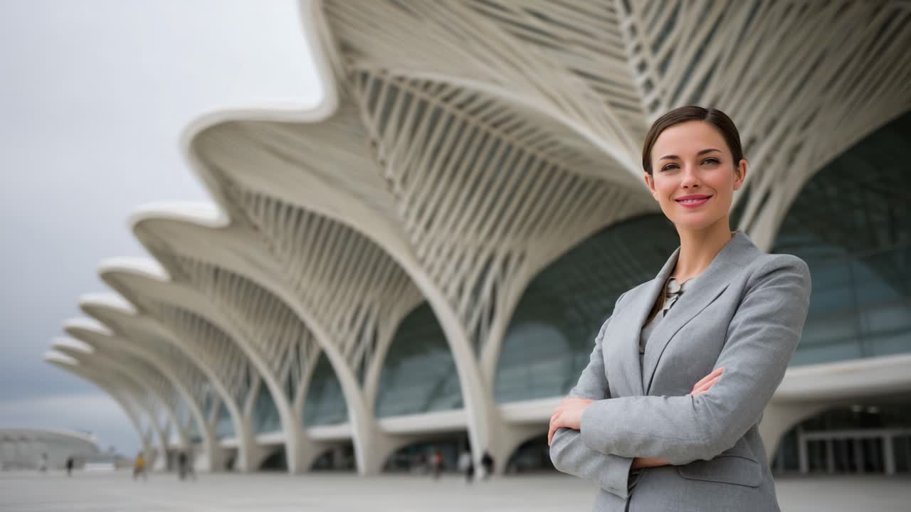 Confident Woman in Business Attire Posing at Modern Architectural Airport Structure, Highlighting Professionalism and Urban Aesthetics