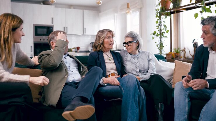 Mangfoldig gruppe voksne i samtale på en sofa
